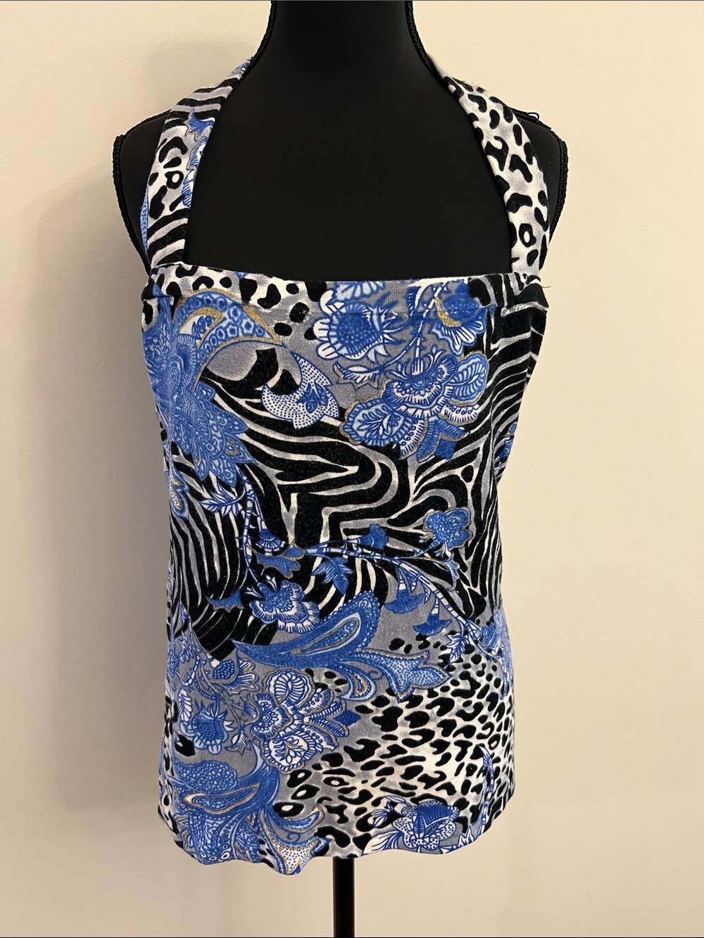 Cache Blue Floral & Black Animal-Print Halter Cami